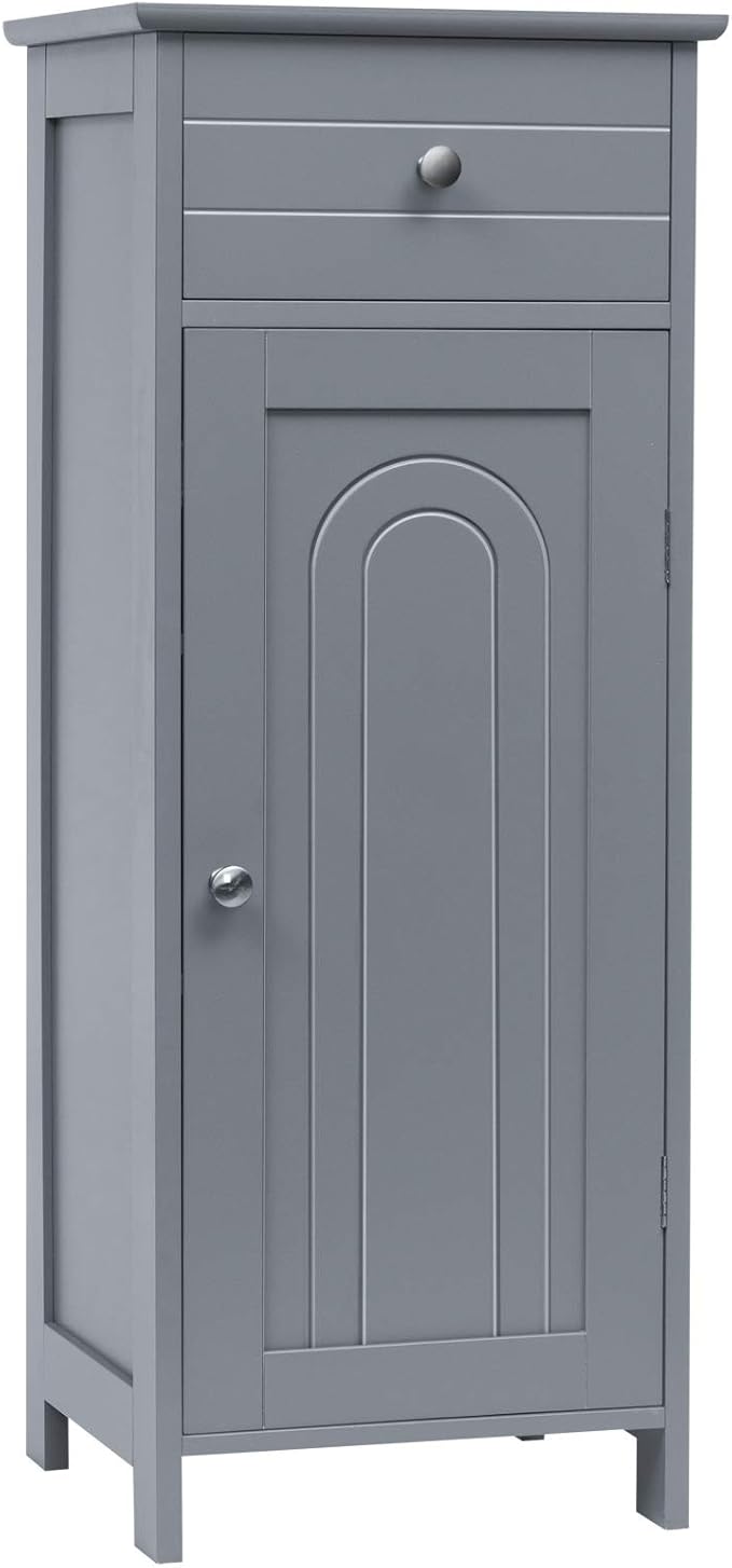 Tangkula Bathroom Floor Cabinet, Wooden Side Storage Cabinet, Freestanding Single Door Bathroom Cabinet with Large Drawer & 2 Adjustable Shelves for Living Room Kitchen (Grey)