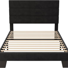 Allewie Twin Size Platform Bed Frame with Velvet Upholstered Headboard and Wooden Slats Support, Fully Upholstered Mattress Foundation/No Box Spring Needed/Easy Assembly, Black
