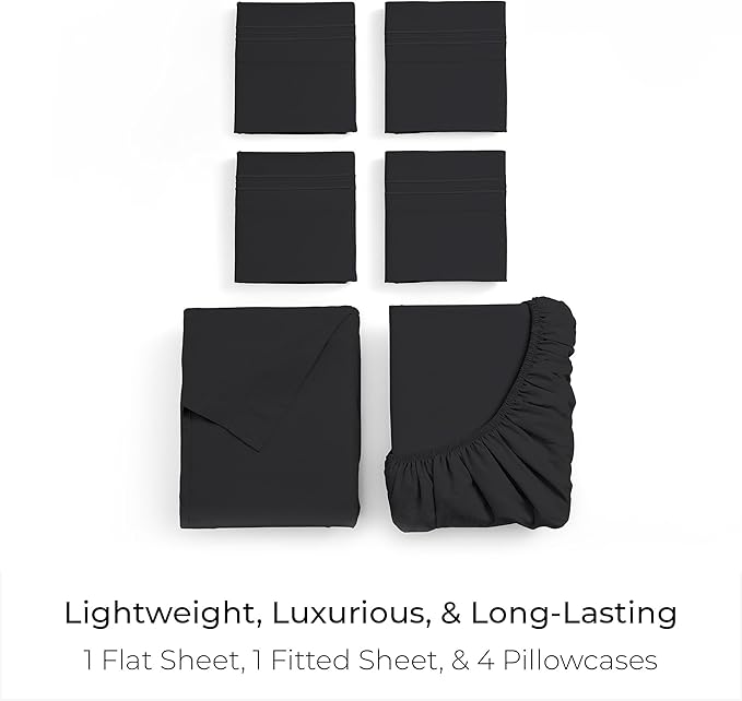 Mellanni King Sheet Set - 6-Piece Iconic Collection Bedding, (Including 4 Pillowcases), 16-Inch Deep Pocket, Easy Care, Extra Soft, Cooling Sheets, Brushed Microfiber - Black