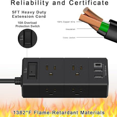 5Ft Extension Cord Flat Plug Power Strip - Tcstei 3-Side Outlet Extender with 6 AC Outlets and 3 USB Ports (1 USB C), Compact for Home, Office, Dorm Room Essentials, Black