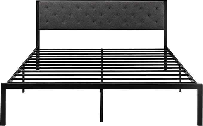 SHA CERLIN King Size Metal Platform Bed Frame,Linen Upholstered Button Tufted Headboard, Mattress Foundation with 12.4” Under-Bed Storage, Noise-Free, Easy Assembly, No Box Spring Needed, Dark Grey