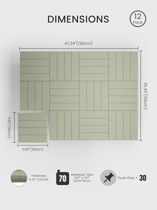 Bumusty Large Cork Board Alternative-47 x35 Felt Bulletin Board Tiles, with 30 Pushpins, 70 Adhesive Tabs, 12-Pack Slat Wall Paneling, Cork Boards for Office Push Pin Board Felt Board-Sage