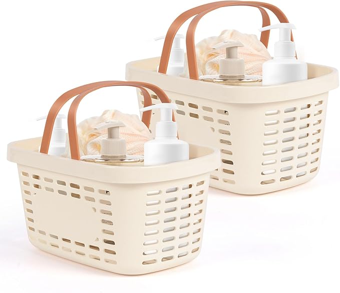 Plastic Shower Caddy Portable,Tote Storage Organizer Basket Bin with Handle for Bathroom,Dorm,College,Camp,Travel,2 Pack,Cream