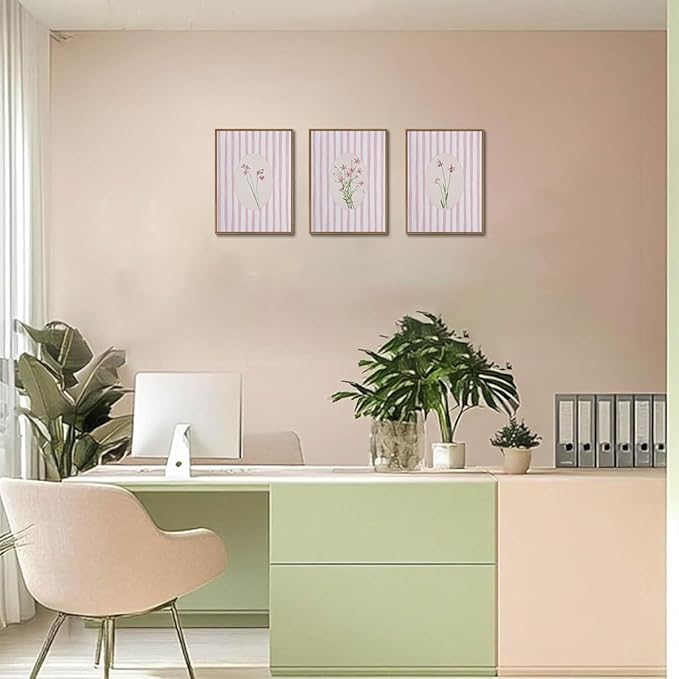 KISSFOX 3 Piece Floral Framed Wall Art Pink Wildflower Canvas Wall Art Flower Pictures Wall Decor Boho Botanical Paintings Poster Wall Decor For Girly Room Bedroom Apartment Dorm Living Room