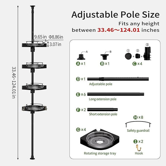 360° Rotating Corner Shower Caddy Tension Pole Organizer - 4-Tier Adjustable Rustproof Metal Pole, Plastic Shelves with Safety Guardrail, Bathroom Storage for Shower & Bathtub(Black)