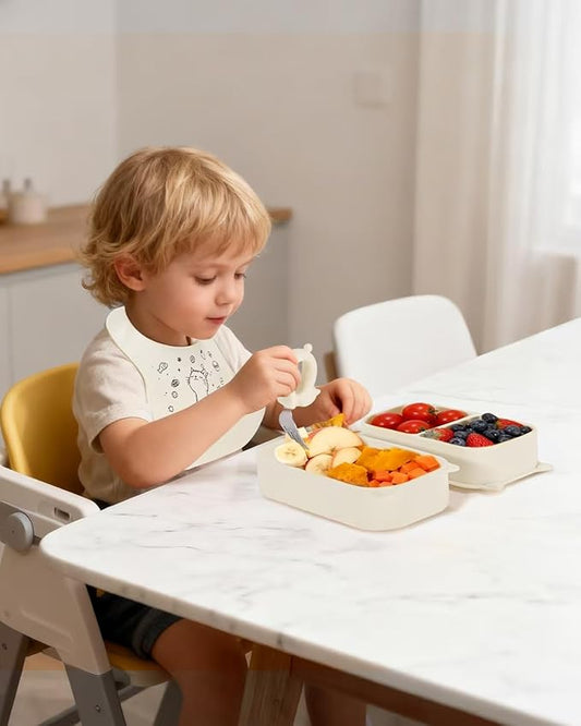 Baby Suction Plates for Toddlers, 6Pcs Travel Silicone Feeding Set for Toddlers/Kids, Foldable, Non-Slip Dishwasher Safe Plates & Utensils, BPA Free, Cat Design Gift Ready (Beige)