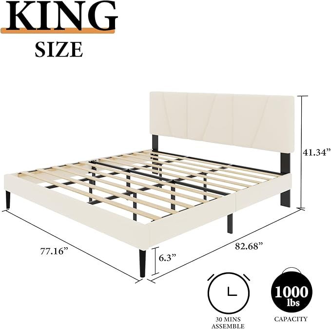 King Size Platform Bed Frame with Geometric Upholstered Headboard, Noise Free, Wooden Slats Support, No Box Spring Needed, Easy Assembly, Beige, Velvet