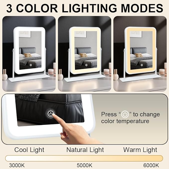 Rechargeable Small Vanity Mirror with Lights,9"x11"Portable LED Desk Mirror, Make up Mirror with Lighting,Touch Screen with 3-Color Lighting, Dimmable, for Shaving, Tabletop, Bedroom