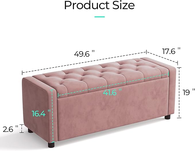LINSY 50 Inches Wide Storage Ottoman Bench, Upholstered Foot Rest Stool, Long Bench Footstool, Couch Ottoman, Ottomans for Living Room, Entryway, End of Bed Storage Bench for Bedroom (Pink)