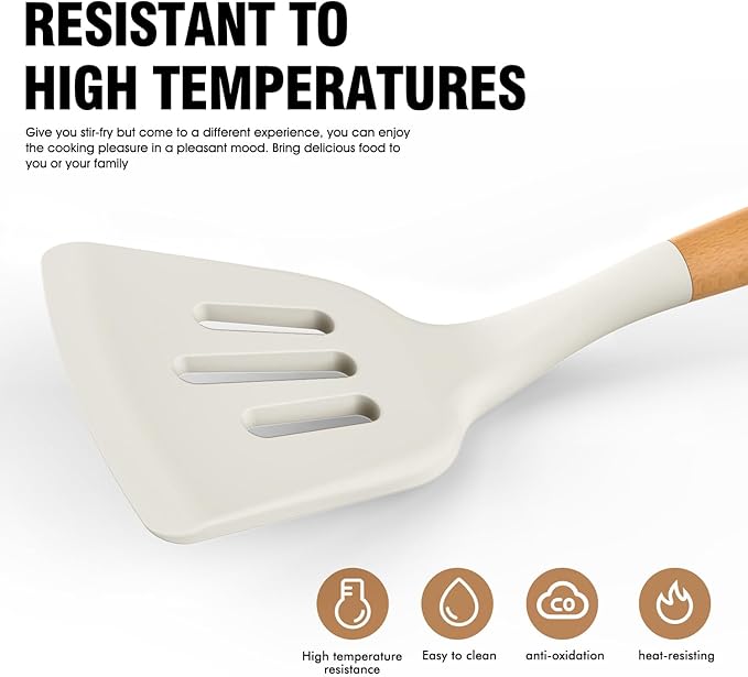 Silicone Cooking Utensils Set - AVGPD Silicone Kitchen Utensils for Cooking Wooden Handles, 446°F Heat Resistant Kitchen Utensil Spatula Sets, Gadgets for Non-Stick Cookware BPA FREE (Cream White)