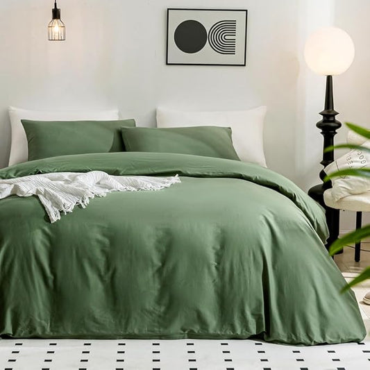 JELLYMONI Green Duvet Cover California King - 100% Washed Cotton Linen Like Textured Comforter Cover, 3 Pieces Breathable Soft Bedding Set with Zipper Closure (Green,Cal King 104"x98")