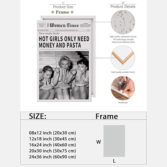 Vintage Women Times Newspaper Canvas Wall Art Black and White Aesthetic Poster Funky Hot Girl Eating Pasta Fashion Prints for Italian Kitchen Bar Cart Girly Dorm Room Art Posters 24x36inch Framed