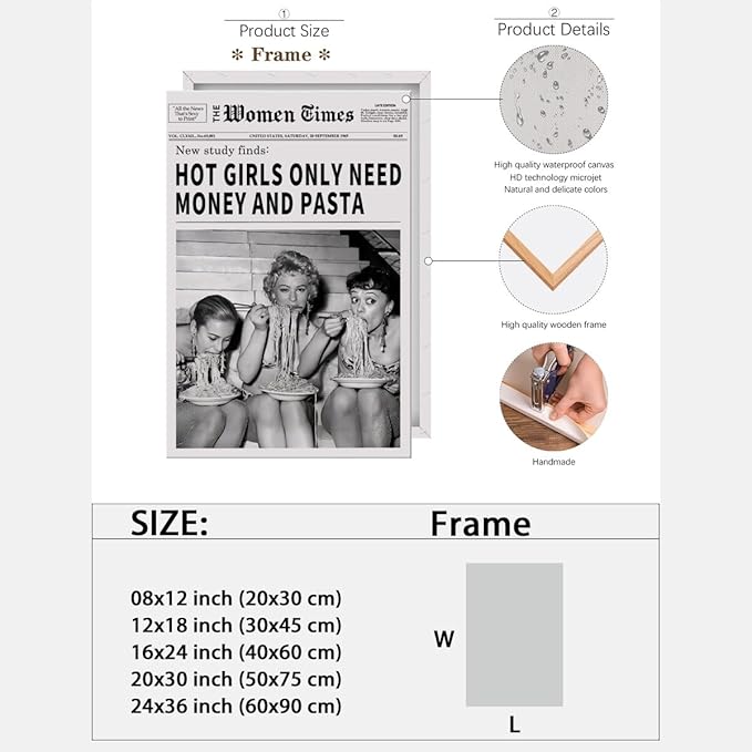 Vintage Women Times Newspaper Canvas Wall Art Black and White Aesthetic Poster Funky Hot Girl Eating Pasta Fashion Prints for Italian Kitchen Bar Cart Girly Dorm Room Art Posters 16x24inch Framed