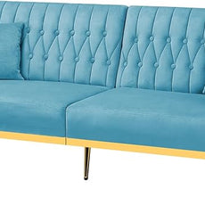 70” Velvet Futon Sofa Bed with 2 Pillows and Adjustable Armrests, Convertible Sleeper Bed W/Adjustable Backrests, Modern Loveseat for Living Room, Bedroom, Baby Blue