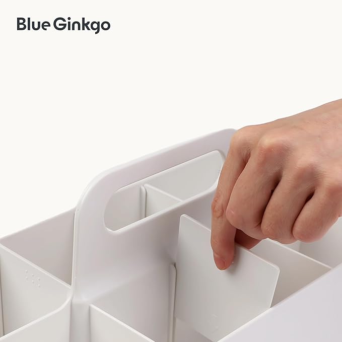 BLUE GINKGO Stackable Organizer Caddy – Korean-Made Portable Tote for Bathroom, Office, Crafts, or School Supplies (Long Rectangle, White)