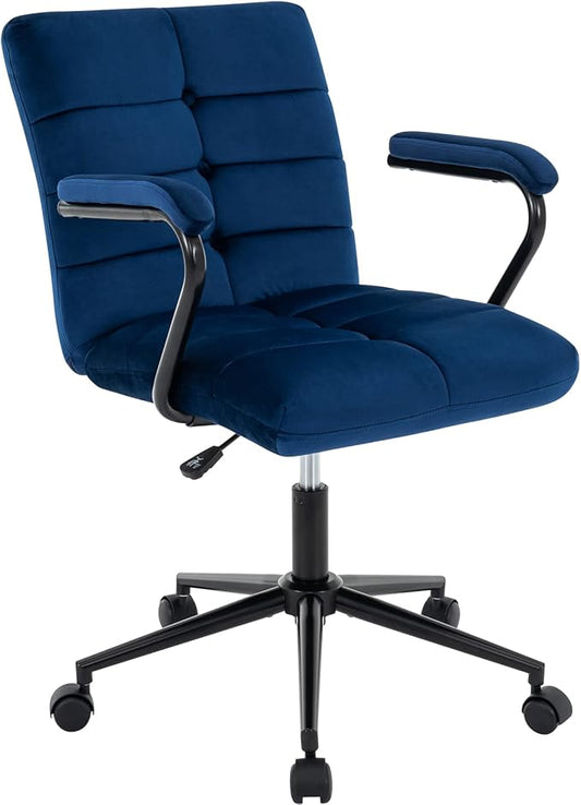 Velvet Home Office Desk Chair, Upholstered Adjustable Swivel Task Chair with Wheels, Tufted Mid-Back Computer Chair with Arms, for Study Living Room Vanity (Blue, Black Base)