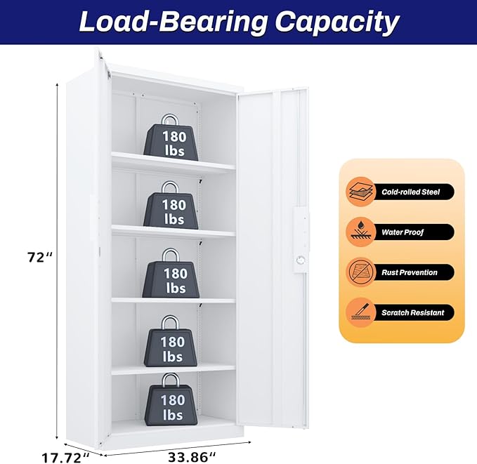 72" Metal Storage Cabinet with Doors and Adjustable Shelves,Locking White Storage Cabinet with Lock,Office,Gym,School,Home