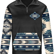 Western Sweatshirts for Men Aztec Cowboy Vintage Graphic Fleece Hoodie Mens Quarter Zip Pullover Country Jacket