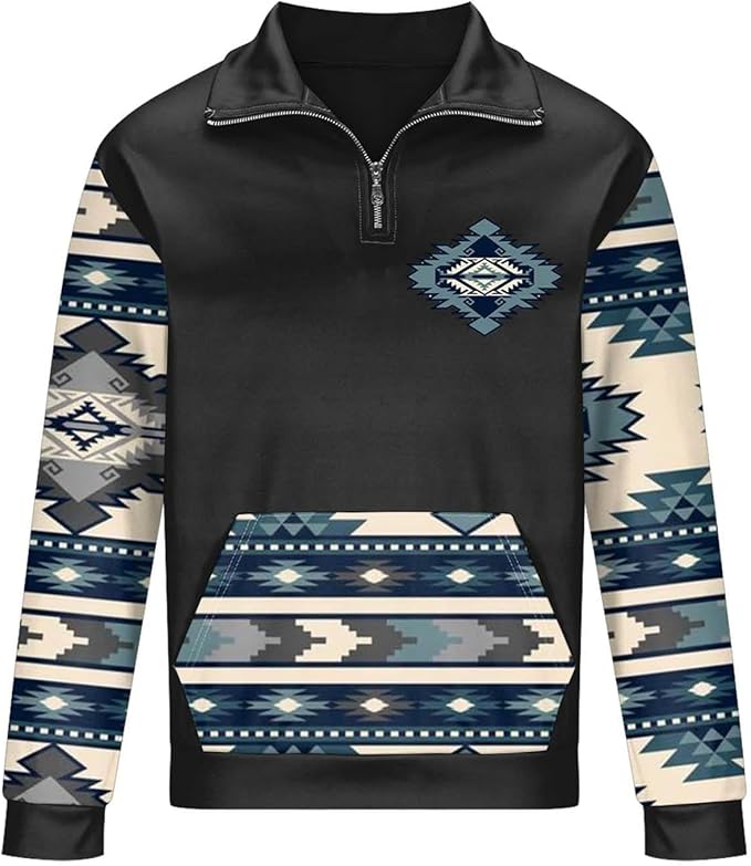 Western Sweatshirts for Men Aztec Cowboy Vintage Graphic Fleece Hoodie Mens Quarter Zip Pullover Country Jacket