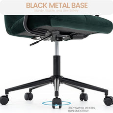 Velvet Home Office Desk Chair, Upholstered Adjustable Swivel Task Chair with Wheels, Tufted Mid-Back Computer Chair with Arms, for Study Living Room Vanity (Dark Green, Black Base)