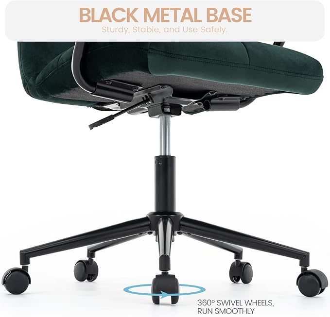 Velvet Home Office Desk Chair, Upholstered Adjustable Swivel Task Chair with Wheels, Tufted Mid-Back Computer Chair with Arms, for Study Living Room Vanity (Dark Green, Black Base)