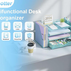 gianotter Desk Organizers and Accessories with File Holder, 4-Tier Desk Accessories & Workspace Organizers with Drawer and 2 Pen Holder, Paper Organizer for Office Supplies (Blue)