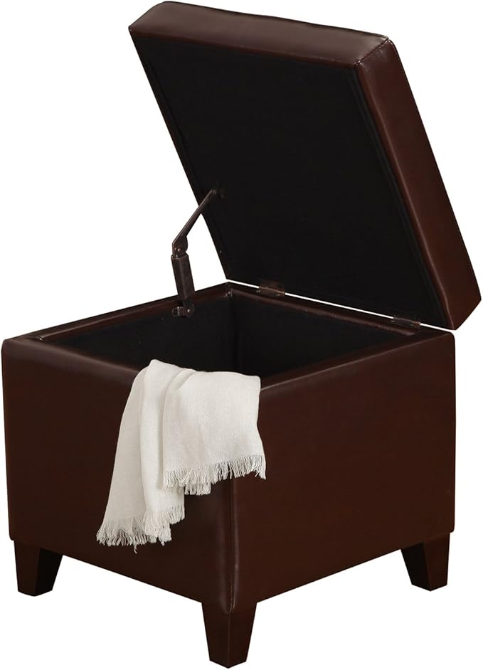 Tufted Leather Square Storage Ottoman, Lift Top Cube Footstool with Hinged Lid Footrest with Wood Legs (Brown)