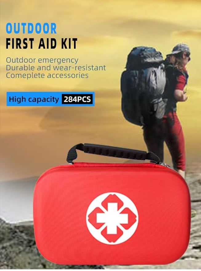 284 PCS First Aid Kit for Home, Car, Travel & Outdoor – Compact Portable Emergency Survival Kit for Camping, Hiking, Office, Business, and Public Use – Red Small Medical Essential Set