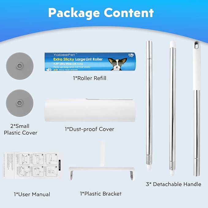 9.49'' Large Lint Rollers for Carpet and Floor, Extra Sticky Giant Rollers with 50'' Long Handle for Carpets, Couch, Floor, Clothing, and Pet Hair Cleaning(1 Pack Floor Roller)