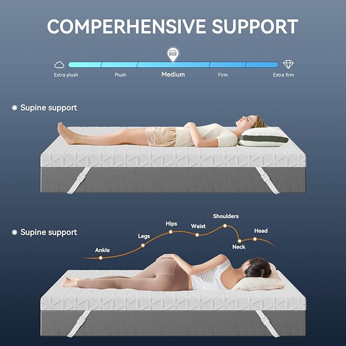ELEMUSE 3 Inch Gel Memory Foam Mattress Topper Twin XL- Cooling Ice Silk Removable & Washable Cover, Mattress Topepr for Back Pain Relief, Adjustable Strap & Non-Slip, CertiPUR-US Certified