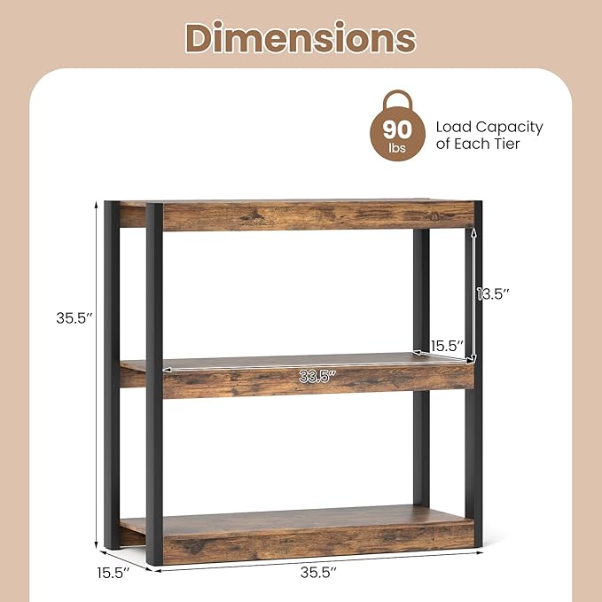 Giantex 3 Tier Bookshelves Set of 2, Freestanding Wooden Bookcase with Dual Anti-Tipping Kits, Open Display Rack Shelving Unit, Storage Organizer for Living Room, Bedroom & Study, Rustic Brown & Black