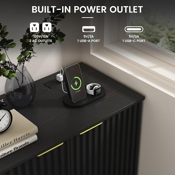 COCO DESIGN 61" Buffet Sideboard with Fluted Panel Doors, Power Outlet & Adjustable Shelves, Storage Cabinet with Metal Legs, Modern Farmhouse Console for Kitchen Dining Living Room Entryway, Black