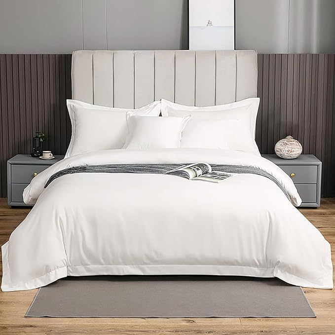PLUSHY COMFORT Luxury Twin XL Duvet Cover Set - 600 Tc in 100% Egyptian Cotton Silky Single Yarn Fabric, White Plain Color - 3 Piece Set Twin XL Duvet with 2 Pillow Shams