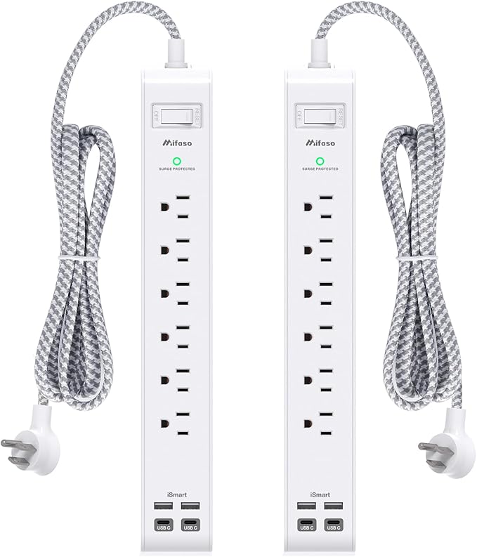 2 Pack Power Strip, 3FT Long Extension Cord, Surge Protector with 6 Outlets and 4 USB Ports (2 USB C), Flat Plug Overload Protection, Wall Mount for Home Office Dorm College