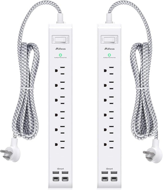 2 Pack Power Strip, 3FT Long Extension Cord, Surge Protector with 6 Outlets and 4 USB Ports (2 USB C), Flat Plug Overload Protection, Wall Mount for Home Office Dorm College