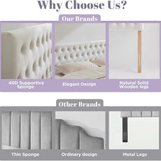 Kingfun Tufted Upholstered Queen Size Bed Headboard in Modern Button Design, Adjustable Solid Wood Head Board, Premium Velvet Fabric Padded Headboards in Bedroom (White)