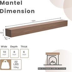 Fireplace Mantel Shelf 72 X 8 X 6 Inch, Handcrafted Solid Mantel for Over Fireplace, 6 Inch Thick Wall Mounted Floating Fireplace Mantel, Real Wood