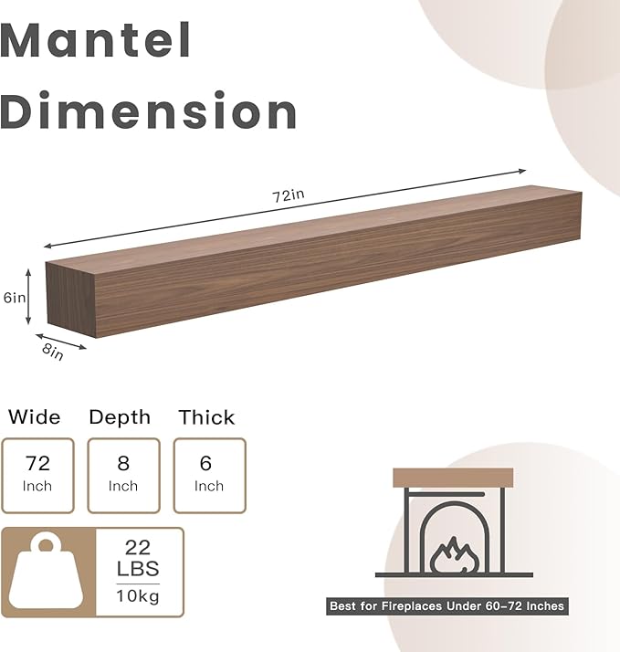 Fireplace Mantel Shelf 72 X 8 X 6 Inch, Handcrafted Solid Mantel for Over Fireplace, 6 Inch Thick Wall Mounted Floating Fireplace Mantel, Real Wood