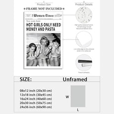 Vintage Women Times Newspaper Canvas Wall Art Black and White Aesthetic Poster Funky Hot Girl Eating Pasta Fashion Prints for Italian Kitchen Bar Cart Girly Dorm Room Art Posters 12x16inch Unframed