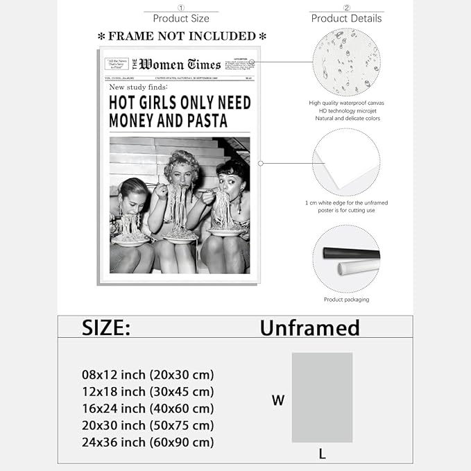 Vintage Women Times Newspaper Canvas Wall Art Black and White Aesthetic Poster Funky Hot Girl Eating Pasta Fashion Prints for Italian Kitchen Bar Cart Girly Dorm Room Art Posters 12x16inch Unframed