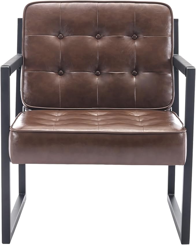 COLAMY Mid Century Modern Accent Chair, Comfy Living Room Chairs, Brown Leather Accent Chair, Faux Leather Reception Armchair with Metal Legs for Living Room Bedroom Reception Waiting Room, Brown