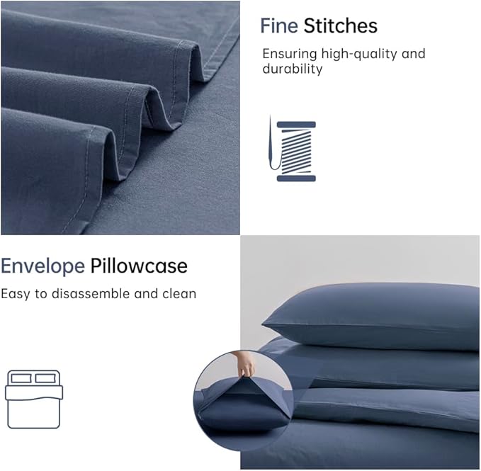 JELLYMONI Bedding Duvet Cover Queen Size - 100% Washed Cotton Linen Like Textured Comforter Cover, 3 Pieces Breathable Soft Bedding Set with Zipper Closure (Blue, Queen 90"x90")