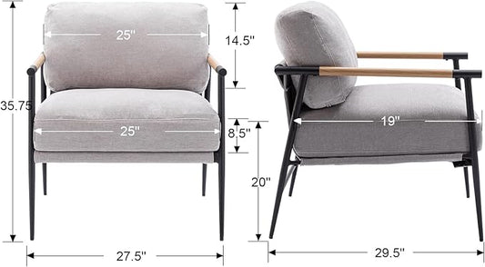 Mid-Century Accent Chair, Soft Armchair Chenille Fabric Lounge Chair with Black Metal Legs, Upholstered Leisure Chair for Living Room Bedroom Reception Room, 1PC, Grey