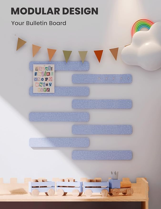 Cork Board Alternative Felt Strip Board 8-Pack 13"x2", Office Pin Board with 50 Push Pins, Adhesive Install for Bedroom Door & Home Office(Soft Periwinkle)