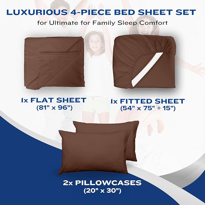 DREAMCARE Full Size Sheets Set - 4 Pcs Cooling Bed Sheets with Up to 15" Deep Pockets - Soft, Long-Lasting 100% Brushed Polyester with Side Pocket (Mocha Brown) DREAMCARE
