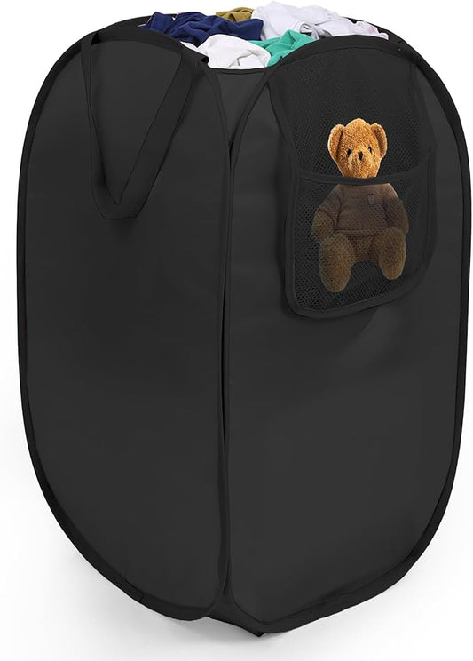 Pop Up Laundry Hamper with Side Pockets, Foldable Laundry Basket Reinforced, Privacy Protection Collapsible Basket, Sturdy and Lightweight Clothes Hamper for Dorm, Bedrooms, Bathrooms, Travel black