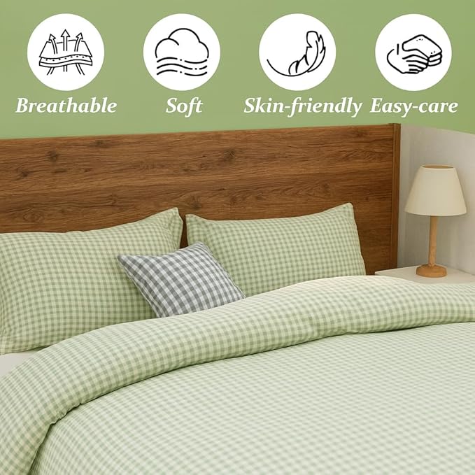 Green Checkered Duvet Cover Set Full Size Plaid Grid Comforter Cover 100% Washed Cotton Bedding Set Ultra Soft Breathable Quilt Set Lightweight Cozy Farmhouse Bedroom Modern Rustic Decor All Seasons