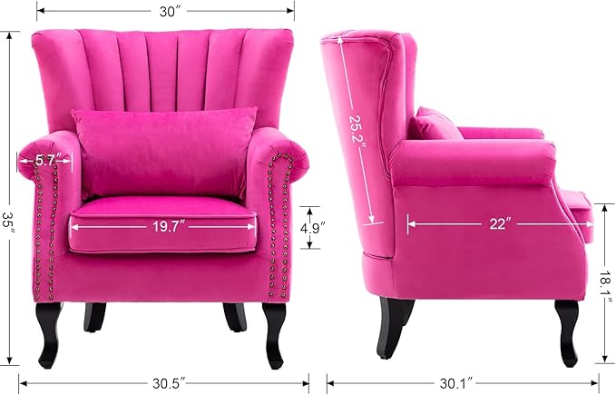 Velvet Accent Chairs Set of 2 with Arm Comfy Living Room Chair Mid-Century Modern Wingback Side Chair Single Sofa Couch for Bedroom Guest Room, Rose Pink