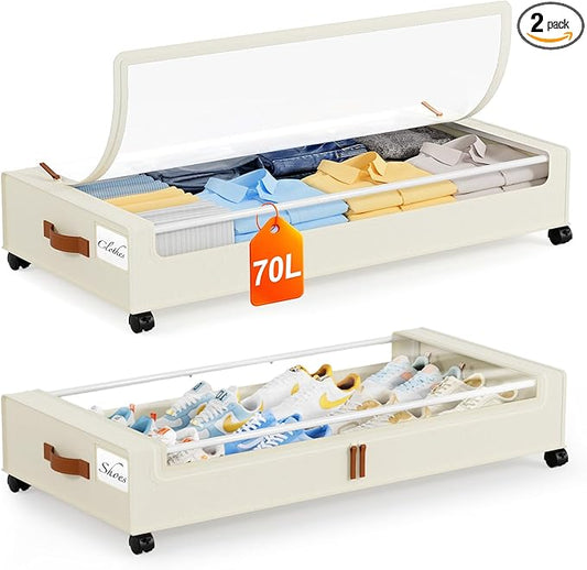 Yecaye Under Bed Storage with Wheels 2Pack, 70L Larger Capacity Under Bed Storage Containers, Underbed Shoe Storage Organizer, Rolling Under Bed Metal Drawers for Clothes, Blankets(35.5 x 17 x 6.7in)