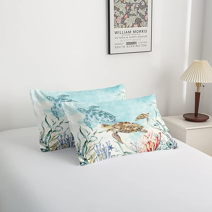 CVHOUSE Ocean Watercolor Sea Turtle Bedding Set for Kids Teens - Full Size Comforter, Duvet Set, Quilt Set